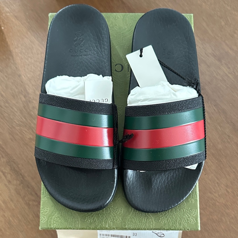 Gucci Black Slides with Red and Green Bands